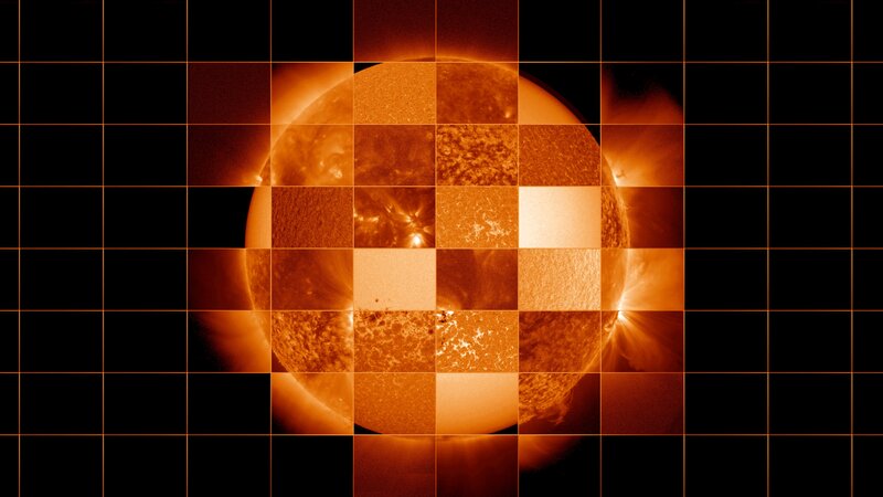 Sun with Solar Flares — Orange, Dramatic, Photograph, Solar Flares, Grid Overlay