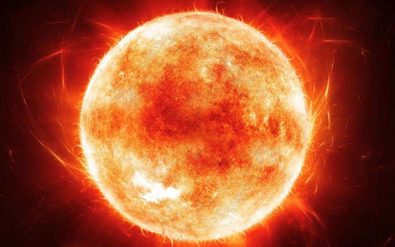Sun with Solar Flares — Red, Dramatic, Digital Art