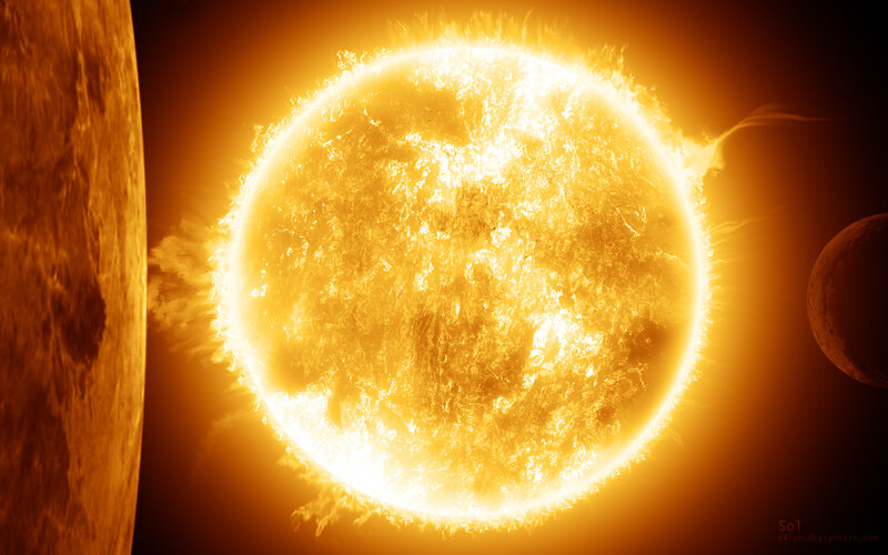 Sun with Solar Flares — Yellow, Dramatic, Digital Art, Planet