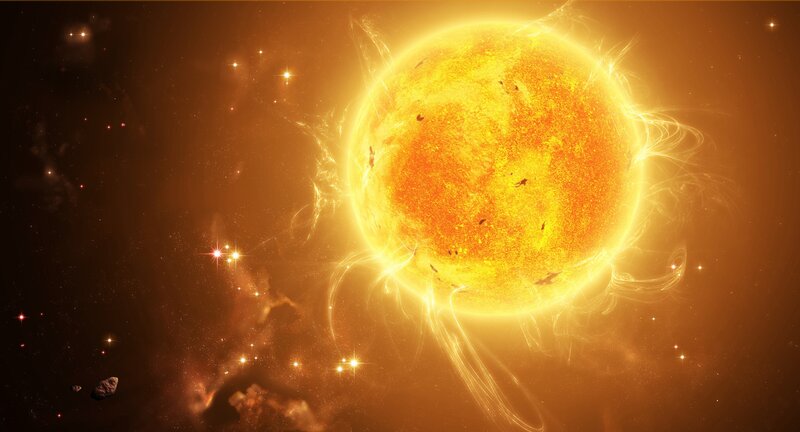 Sun with Solar Flares — Yellow, Dramatic, Digital Art