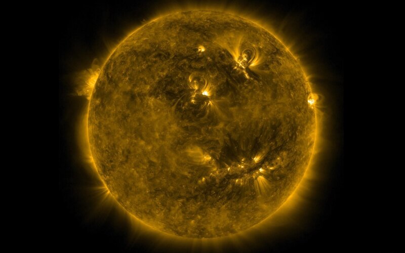 Sun with Solar Flares — Yellow, Dramatic, Photograph