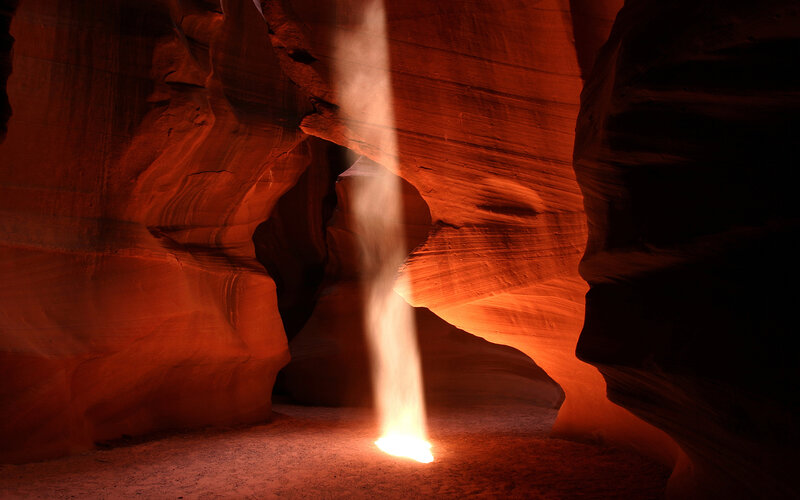 Sunbeam in Canyon — Red, Dramatic, Photograph
