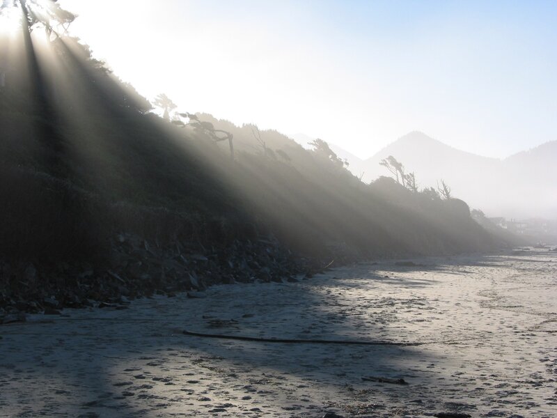 Sunbeams over a misty beach
