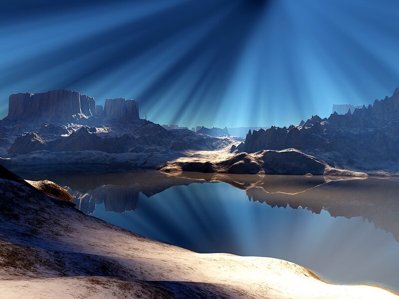 Sunbeams over alien landscape