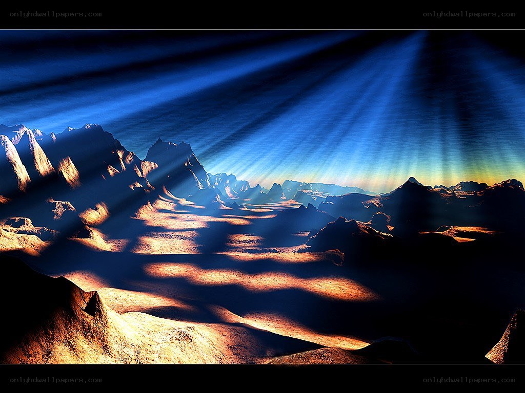 Sunbeams over alien mountains