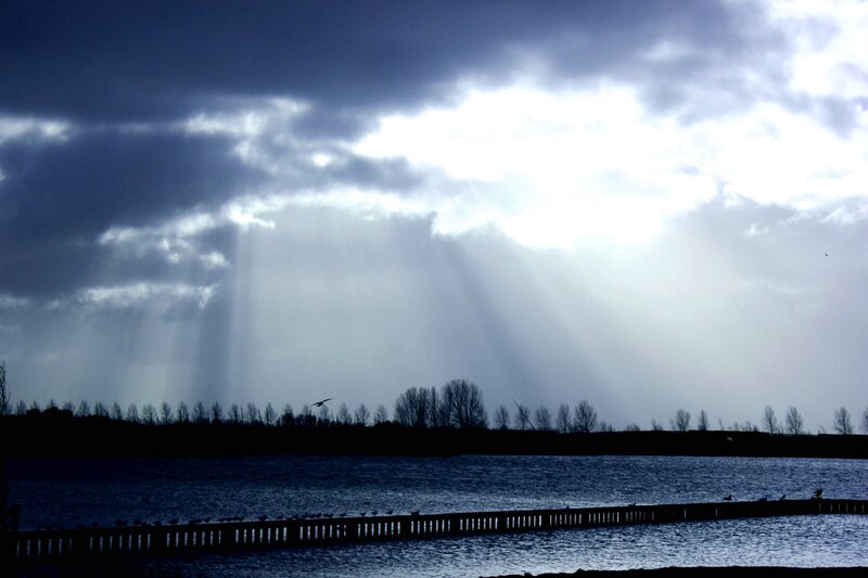 Sunbeams Through Clouds — Blue, Dramatic, Afternoon, Photograph