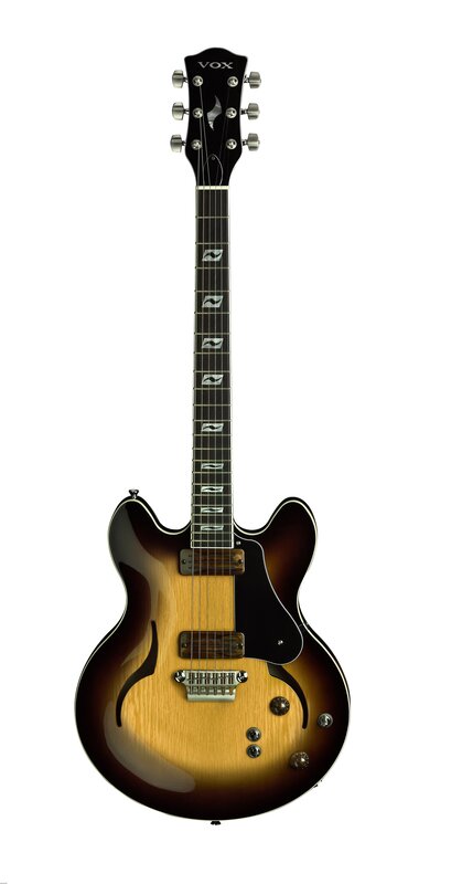 Sunburst Electric Guitar — Brown, Neutral, Photograph, Headstock, Pickups, F-holes, Black