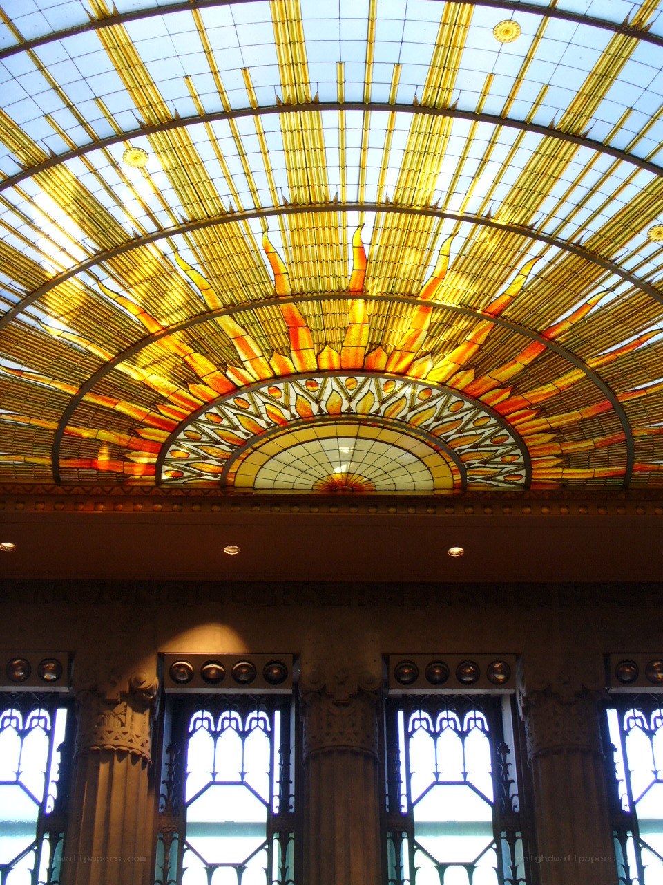 Sunburst stained glass ceiling