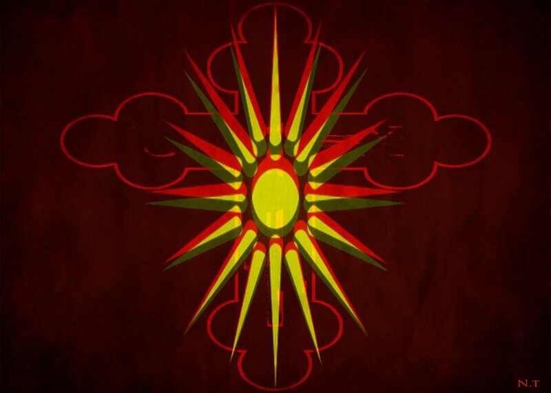 Sunburst symbol with clouds