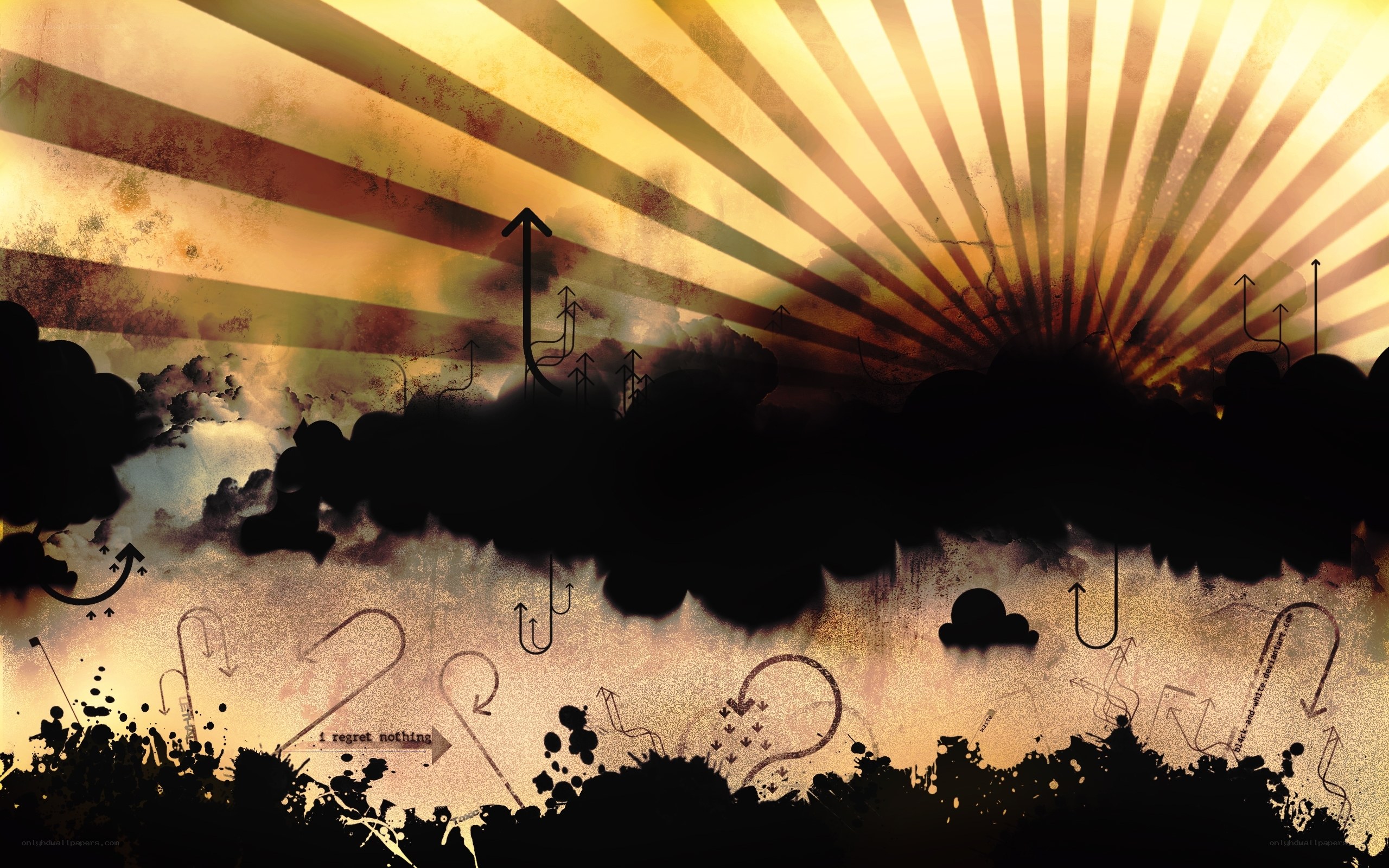 Sunburst with arrows and clouds