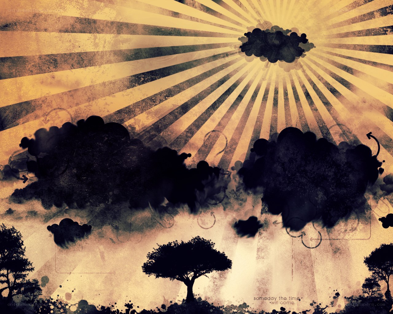 sunburst with clouds and trees