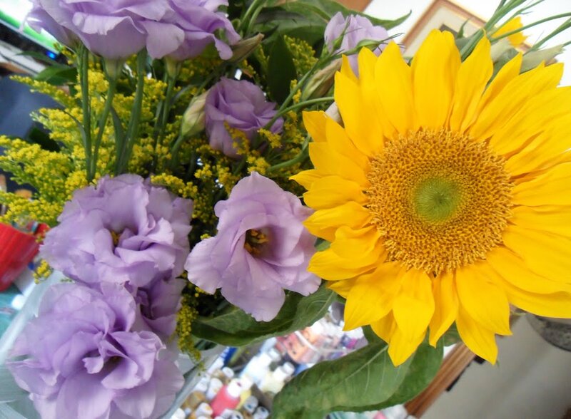 Sunflower and Purple Flowers