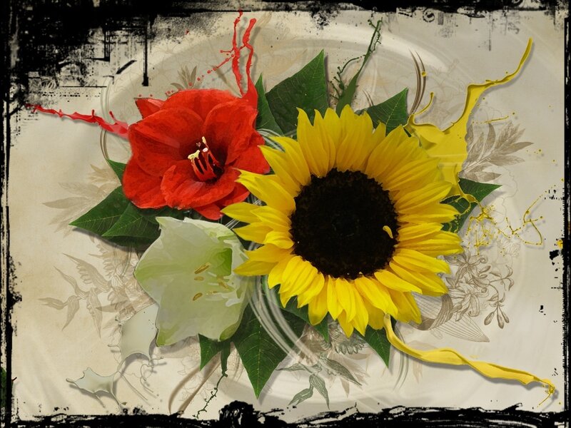 Sunflower and Red Flower