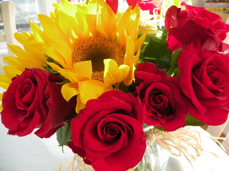 Sunflower and Red Roses