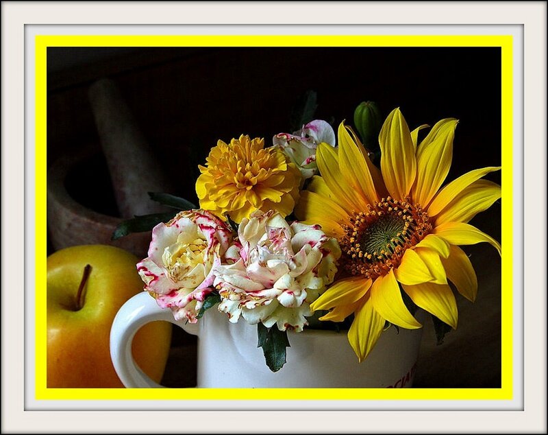 Sunflower and Roses in Mug