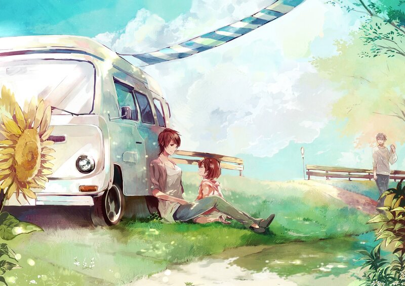 Sunflower and van on a sunny day
