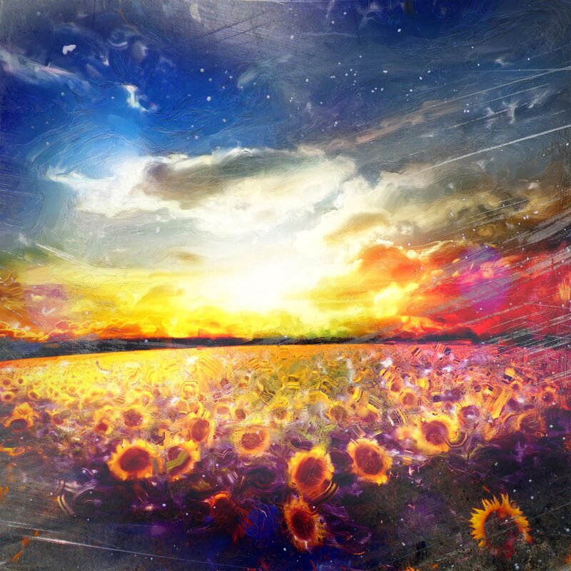 Sunflower Field at Sunset — Yellow, Dramatic, Digital Art