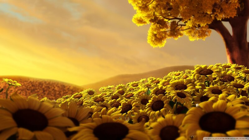 Sunflower Field at Sunset — Yellow, Serene, Digital Art