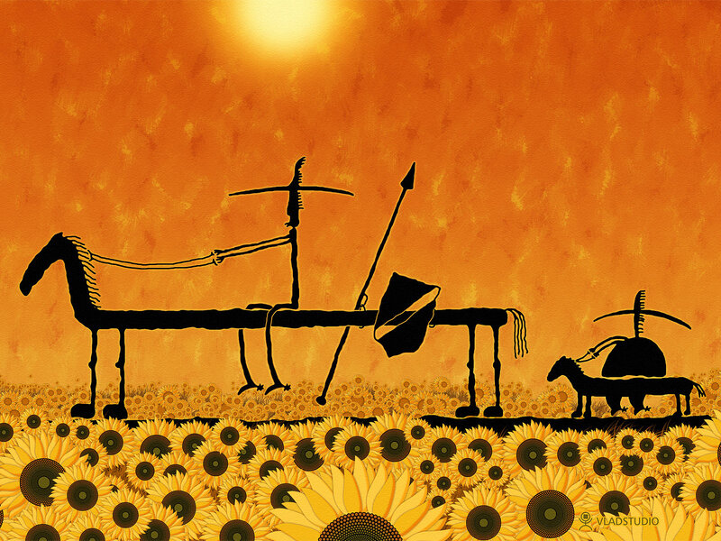 Sunflower field with chariots