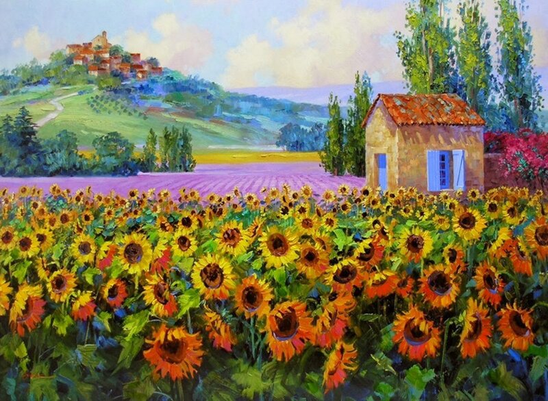 Sunflower Field with Cottage