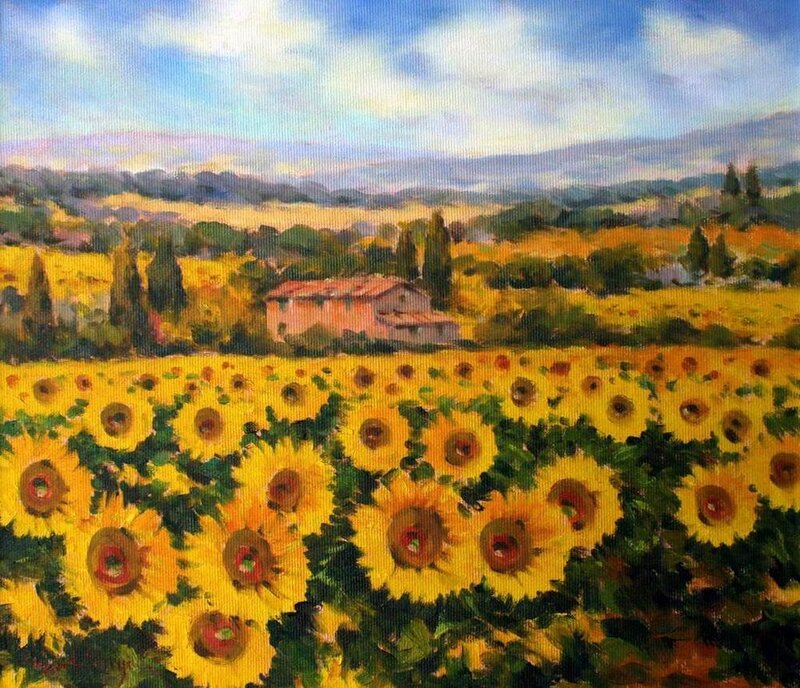 Sunflower Field with Farmhouse — Yellow