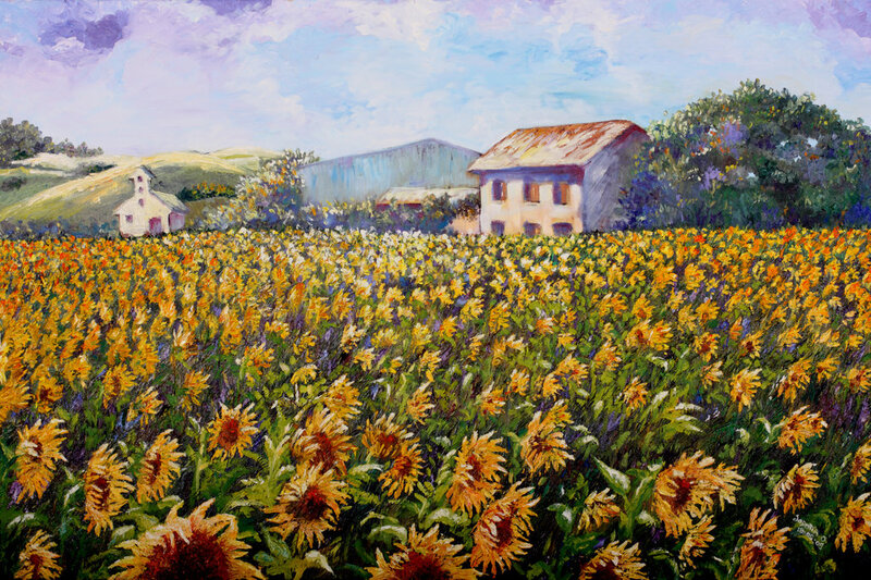 Sunflower Field with Houses — Yellow
