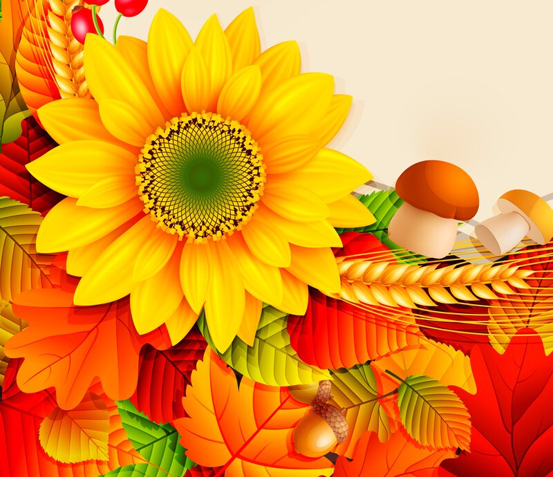Sunflower with Autumn Leaves — Yellow, Festive