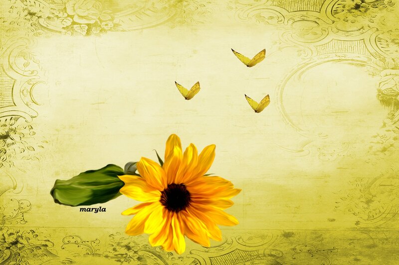 Sunflower with Butterflies — Yellow, Serene, Digital Art