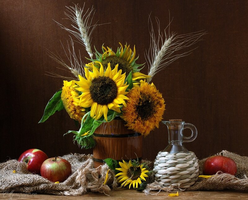 Sunflowers and apples still life