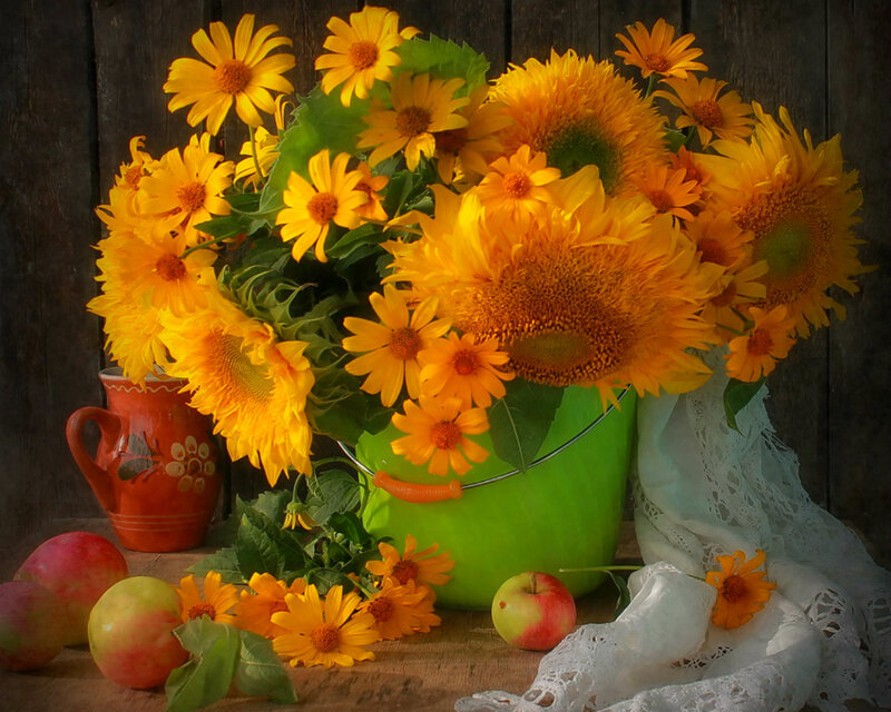 Sunflowers and Apples — Yellow, Calm, Autumn, Photograph, Pitcher