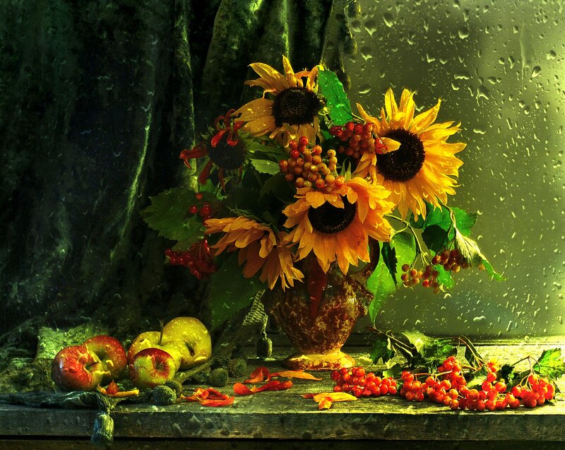 Sunflowers and Apples — Yellow, Dramatic, Autumn