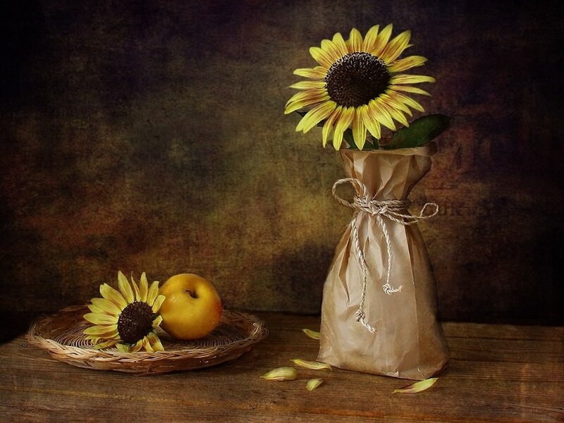 Sunflowers and Apples — Yellow, Still Life