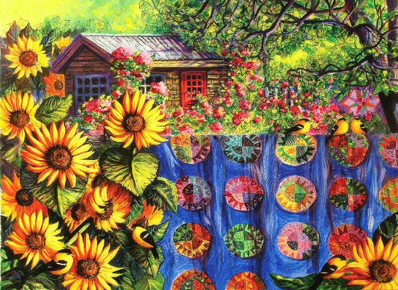 Sunflowers and Birds in Garden