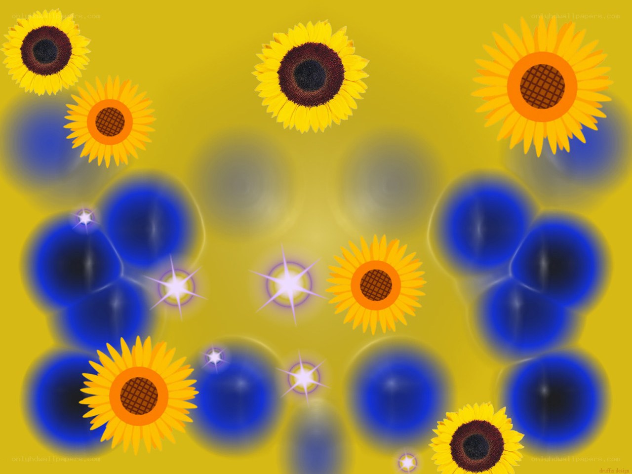 Sunflowers and blue orbs