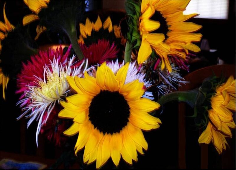 Sunflowers and chrysanthemums in a bouquet