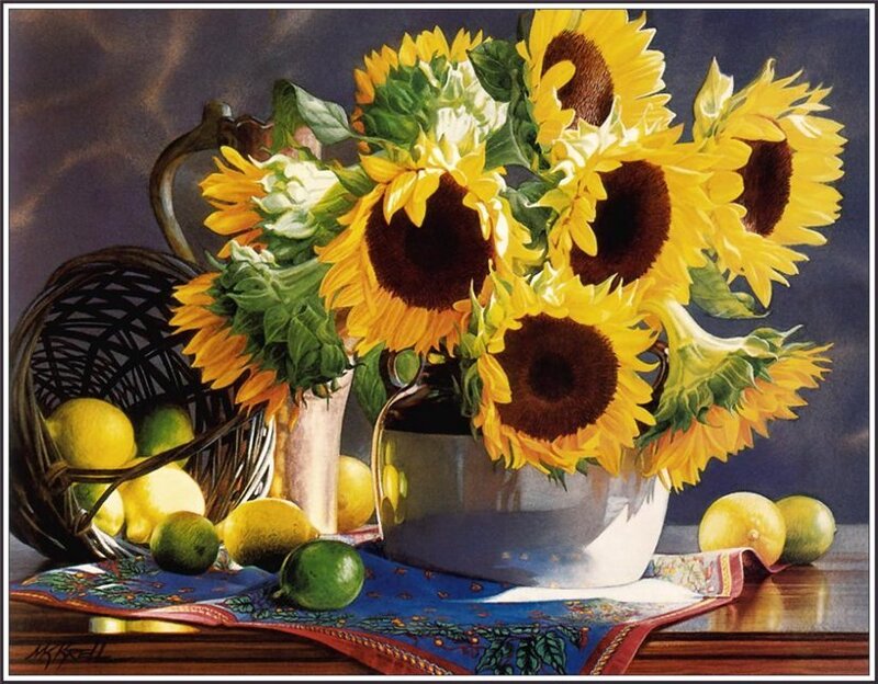 Sunflowers and citrus still life