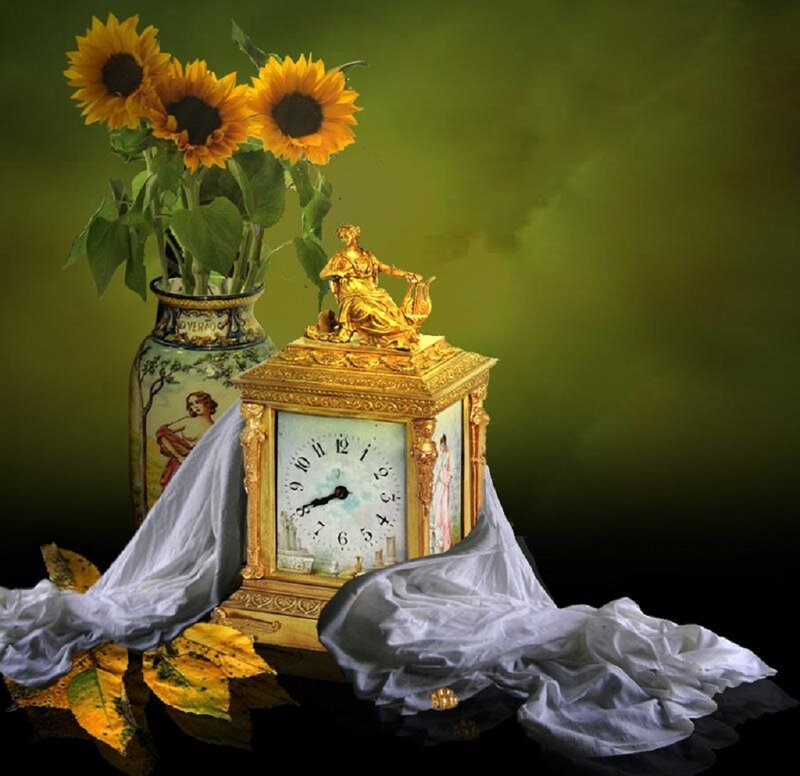 Sunflowers and Clock
