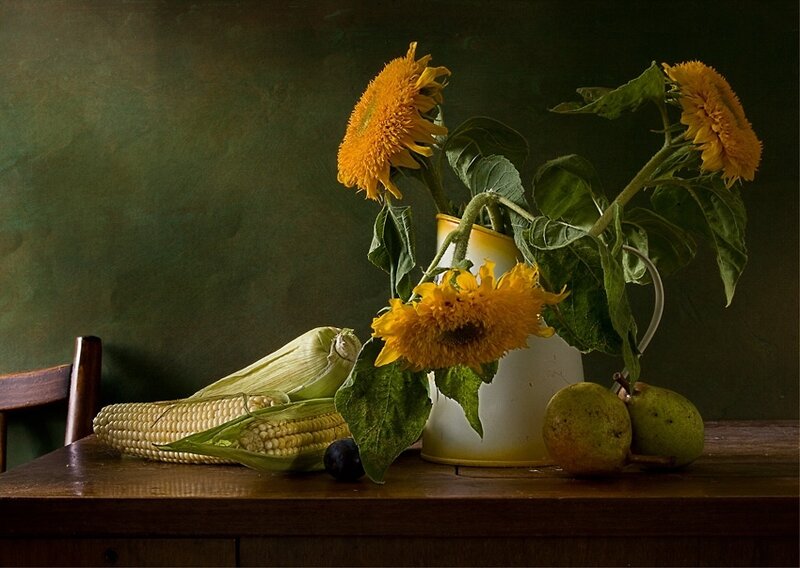 Sunflowers and Corn on Table — Yellow