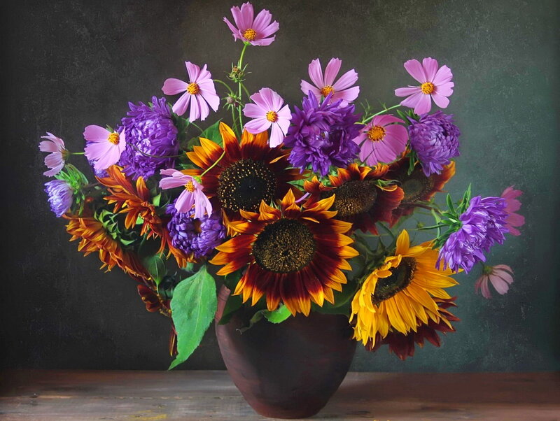 Sunflowers and Cosmos Bouquet — Purple
