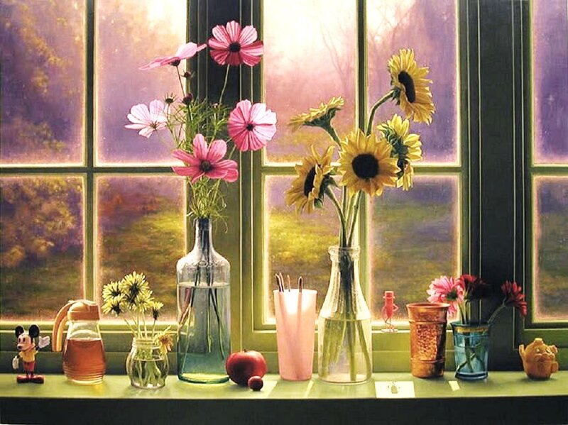 Sunflowers and cosmos on a windowsill