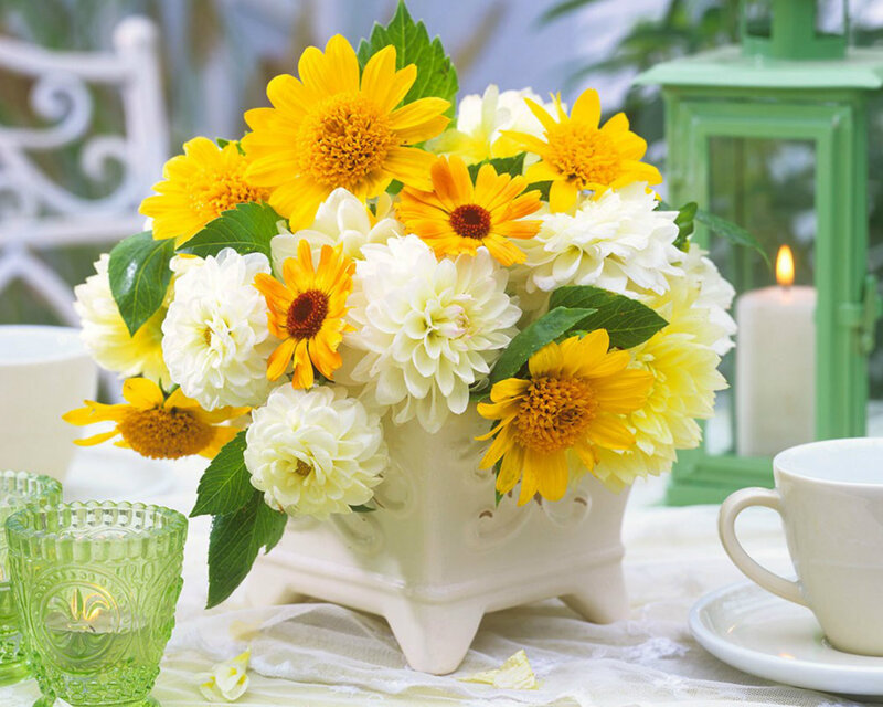 Sunflowers and Dahlias in Vase