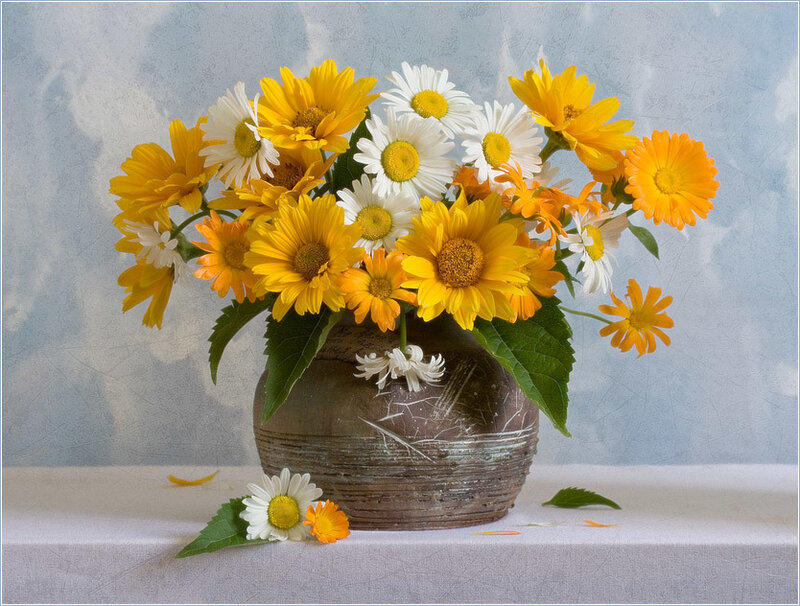 Sunflowers and daisies in a vase
