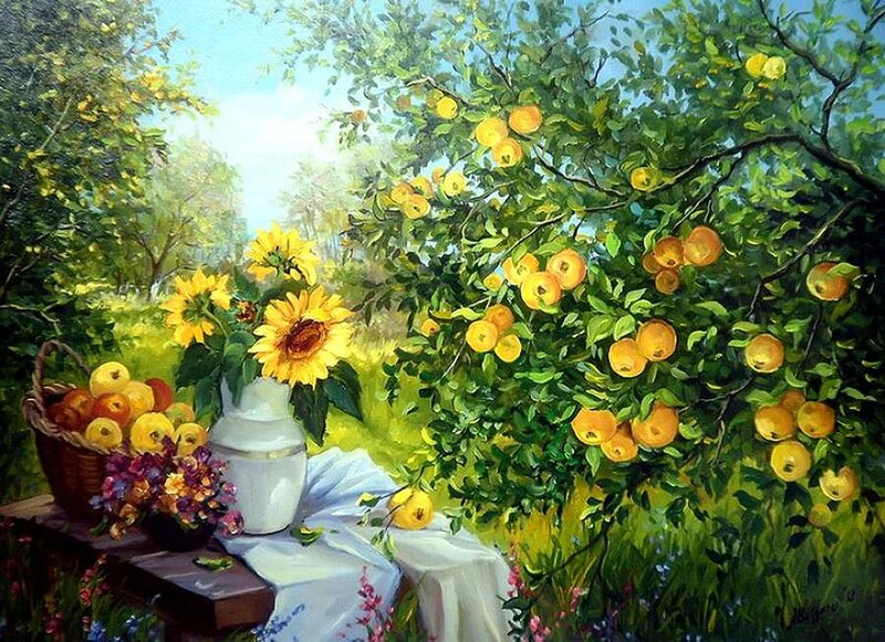 Sunflowers and Fruit Basket — Green