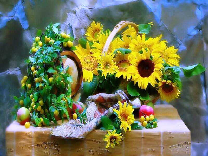 Sunflowers and Fruit Basket — Yellow, Calm, Summer