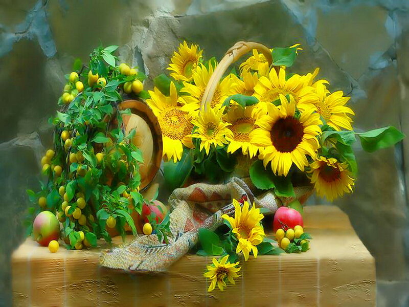 Sunflowers and Fruit Basket — Yellow, Calm