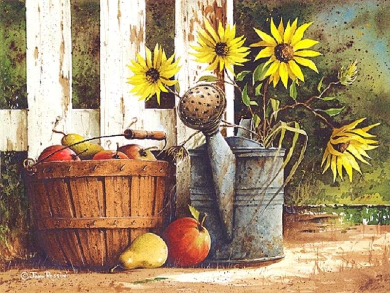 Sunflowers and Fruit Basket — Yellow, Rustic