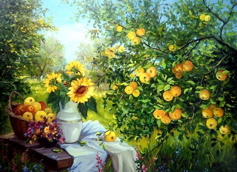 Sunflowers and Fruit Basket — Yellow, Serene, Afternoon, Painting, Fruit Tree