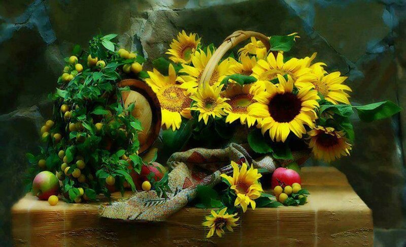 Sunflowers and Fruit Basket — Yellow, Serene, Afternoon, Painting
