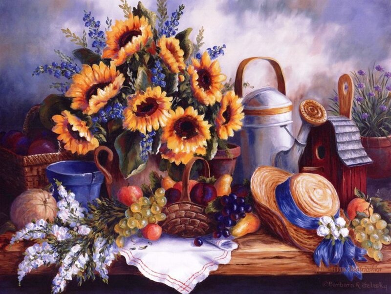 Sunflowers and Fruit Basket — Yellow, Serene, Afternoon