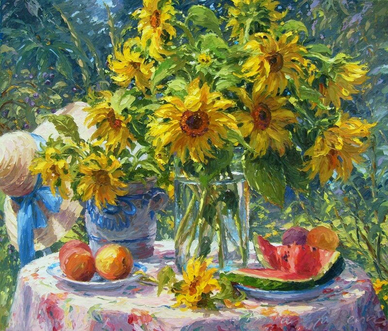 Sunflowers and Fruit on Table